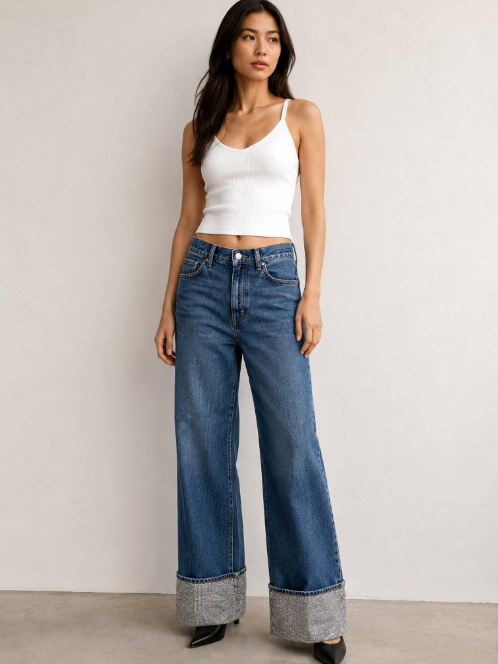 Alexander Wang Jeans Women's 29 Wide Leg Crystal Cuff High Rise Denim Blue